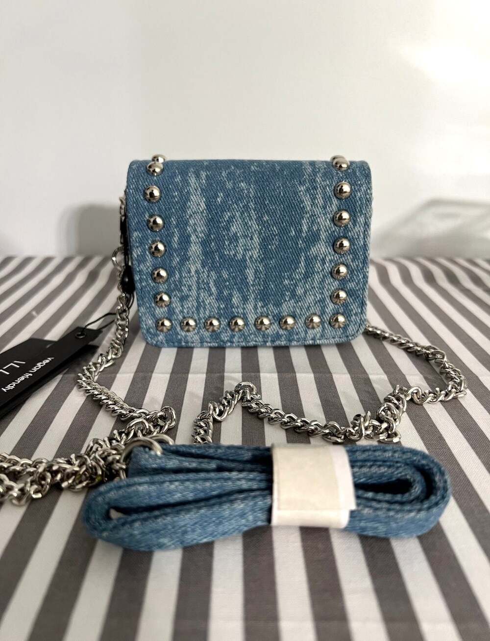 Izzy & Ali Acid Wash Denim Studded Crossbody Bag with Chain Strap